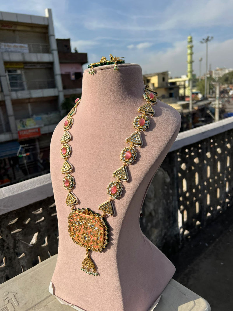 Gold Plated Stone Studded & Beaded Necklace With Earrings