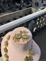 Gold Plated Kundan Stone Studded & Beaded Nacklace With Earrings