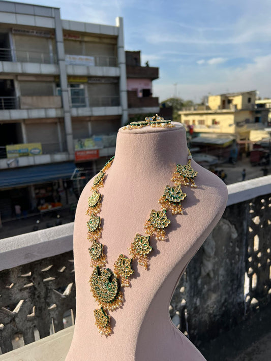 Gold Plated Kundan Stone Studded & Beaded Nacklace With Earrings