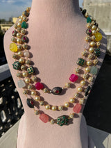 Gold-Plated Kundan-Studded & Pearl-Beaded Tripal-Stranded Handcrafted Nacklace With Earrings