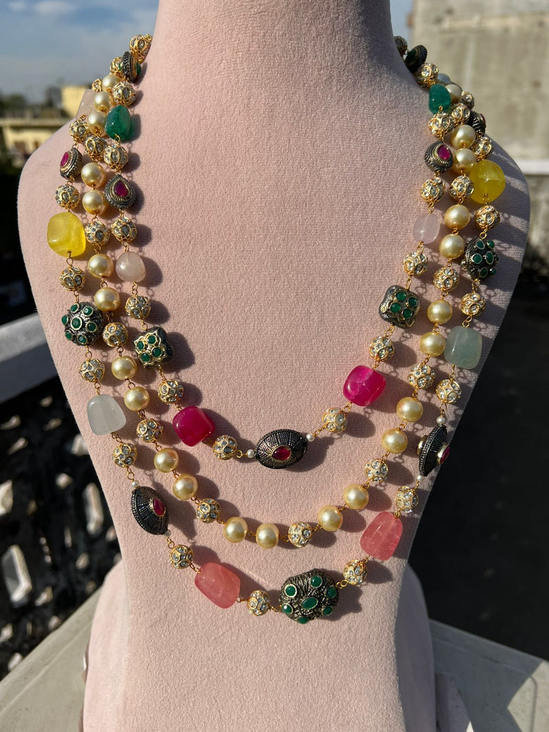 Gold-Plated Kundan-Studded & Pearl-Beaded Tripal-Stranded Handcrafted Nacklace With Earrings