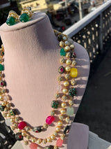 Gold-Plated Kundan-Studded & Pearl-Beaded Tripal-Stranded Handcrafted Nacklace With Earrings