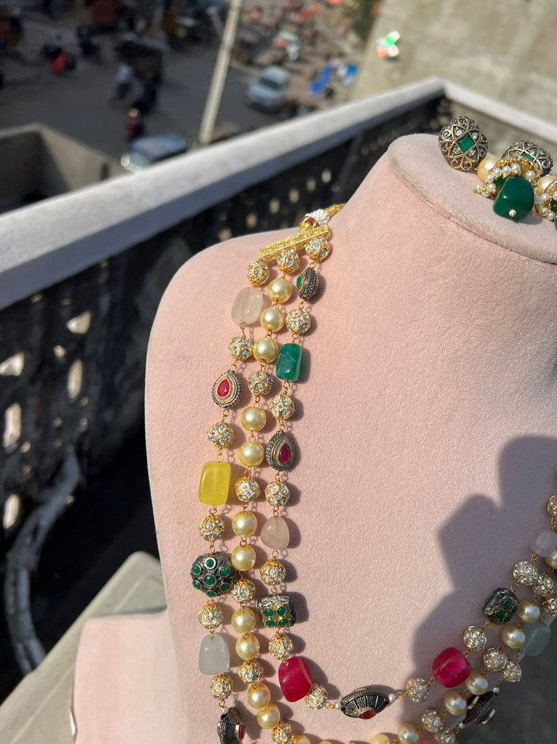 Gold-Plated Kundan-Studded & Pearl-Beaded Tripal-Stranded Handcrafted Nacklace With Earrings