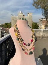 Gold-Plated Kundan-Studded & Pearl-Beaded Tripal-Stranded Handcrafted Nacklace With Earrings