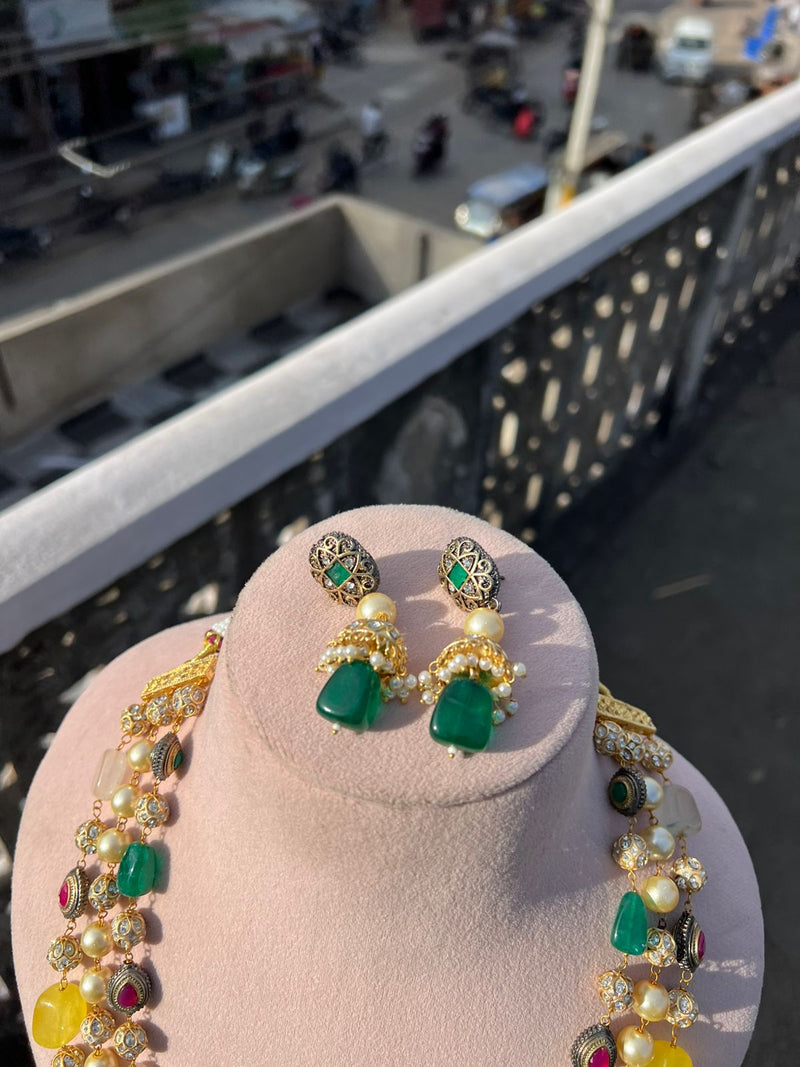 Gold-Plated Kundan-Studded & Pearl-Beaded Tripal-Stranded Handcrafted Nacklace With Earrings