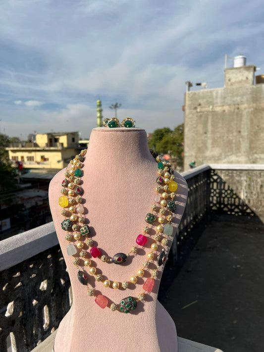 Gold-Plated Kundan-Studded & Pearl-Beaded Tripal-Stranded Handcrafted Nacklace With Earrings