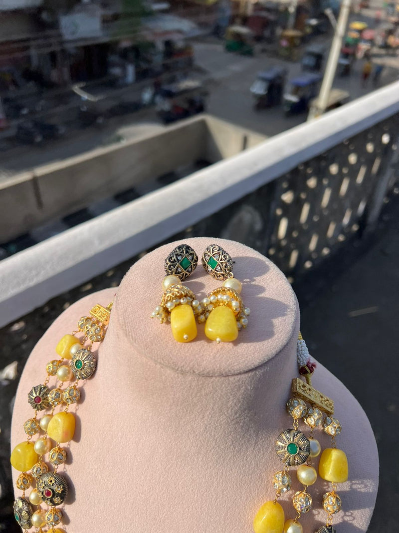 Gold Plated Stone Studded & Beaded Necklace With Earrings