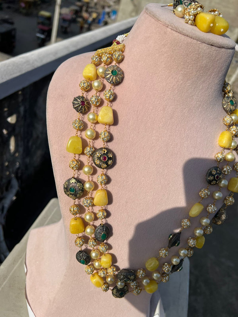 Gold Plated Stone Studded & Beaded Necklace With Earrings