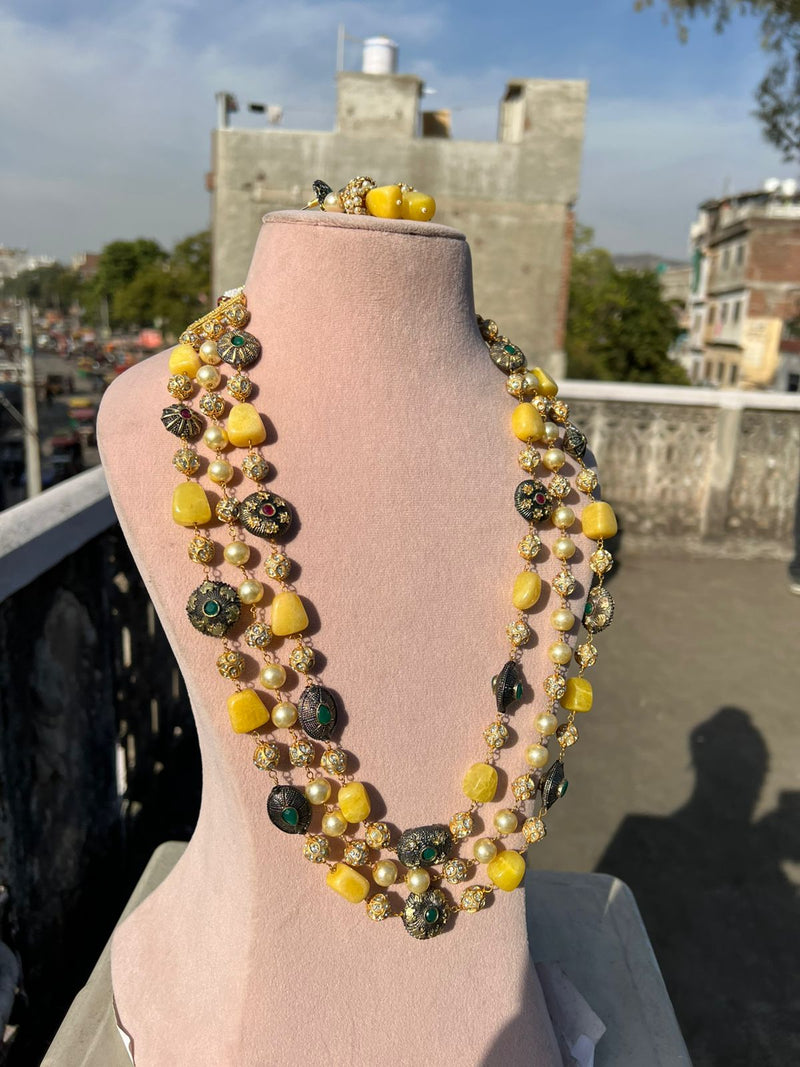 Gold Plated Stone Studded & Beaded Necklace With Earrings