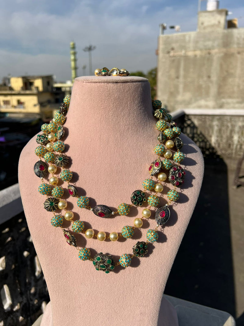 Gold Plated Kundan Stone Studded & Beaded Nacklace With Earrings