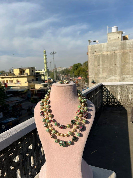 Gold Plated Kundan Stone Studded & Beaded Nacklace With Earrings