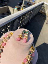 Gold Plated Kundan Stone Studded & Beaded Nacklace With Earrings