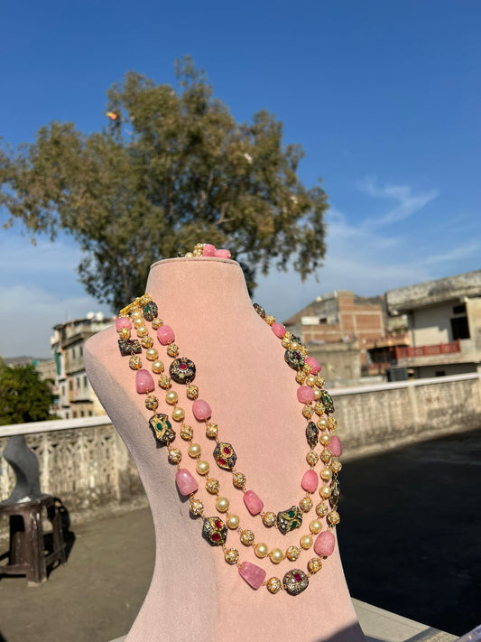 Gold Plated Kundan Stone Studded & Beaded Nacklace With Earrings