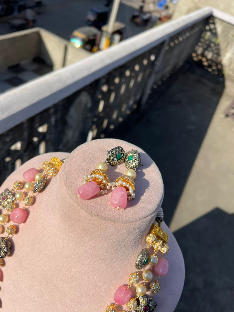 Gold Plated Kundan Stone Studded & Beaded Nacklace With Earrings