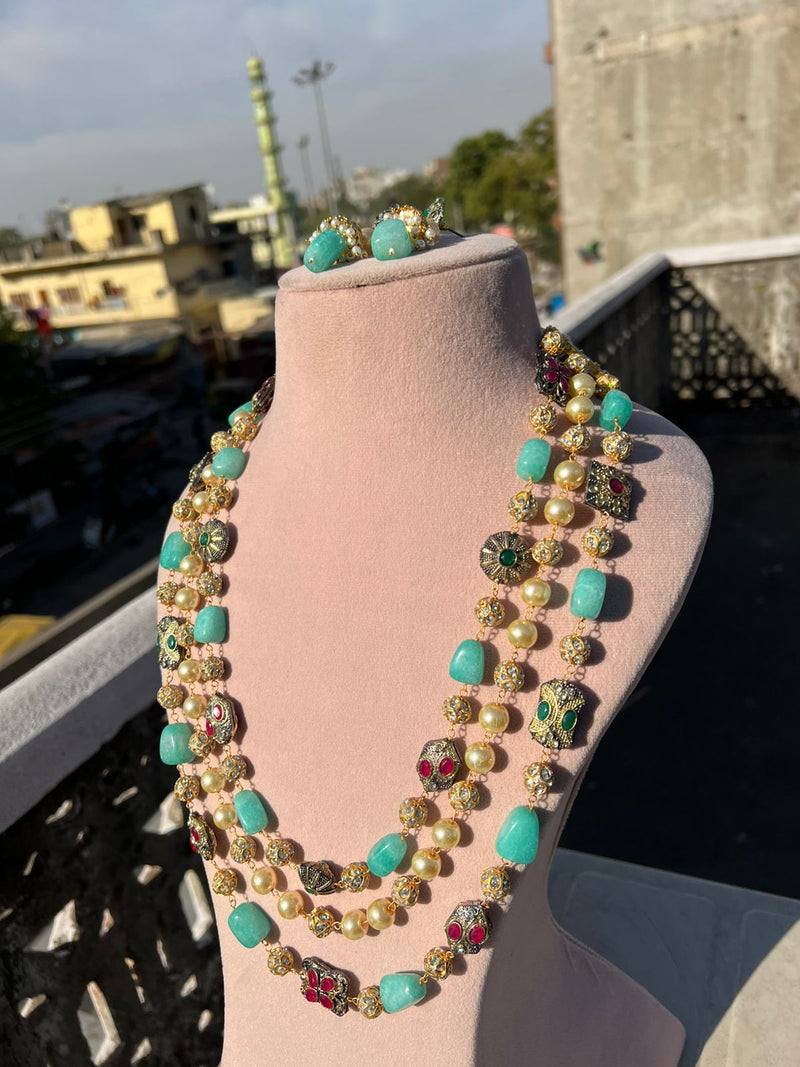 Gold Plated Kundan Stone Studded & Beaded Nacklace With Earrings