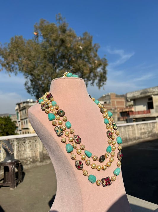 Gold Plated Kundan Stone Studded & Beaded Nacklace With Earrings