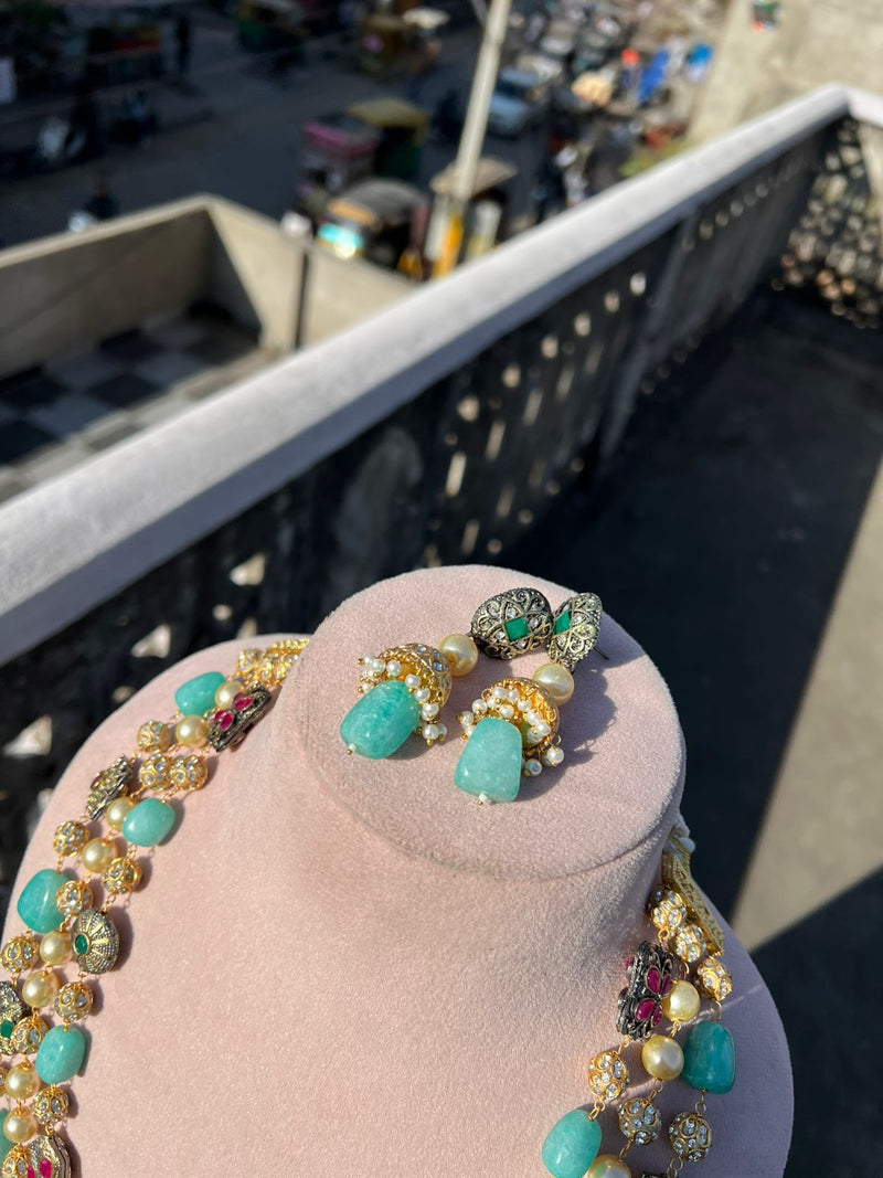 Gold Plated Kundan Stone Studded & Beaded Nacklace With Earrings