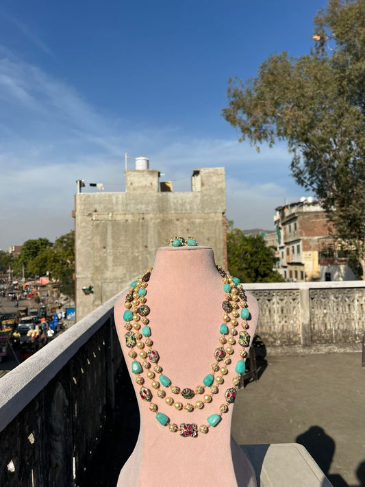 Gold Plated Kundan Stone Studded & Beaded Nacklace With Earrings