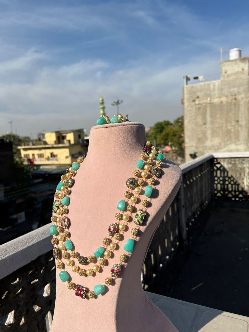Gold Plated Kundan Stone Studded & Beaded Nacklace With Earrings