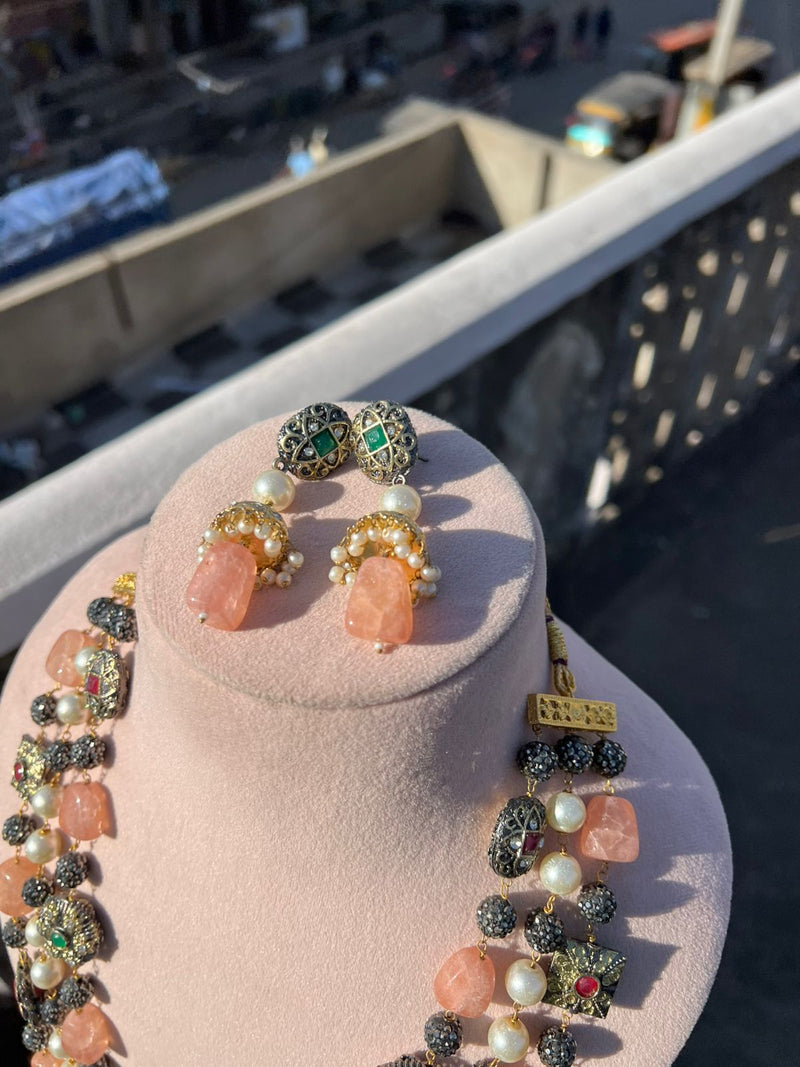 Gold Plated Stone Studded & Beaded Necklace With Earrings