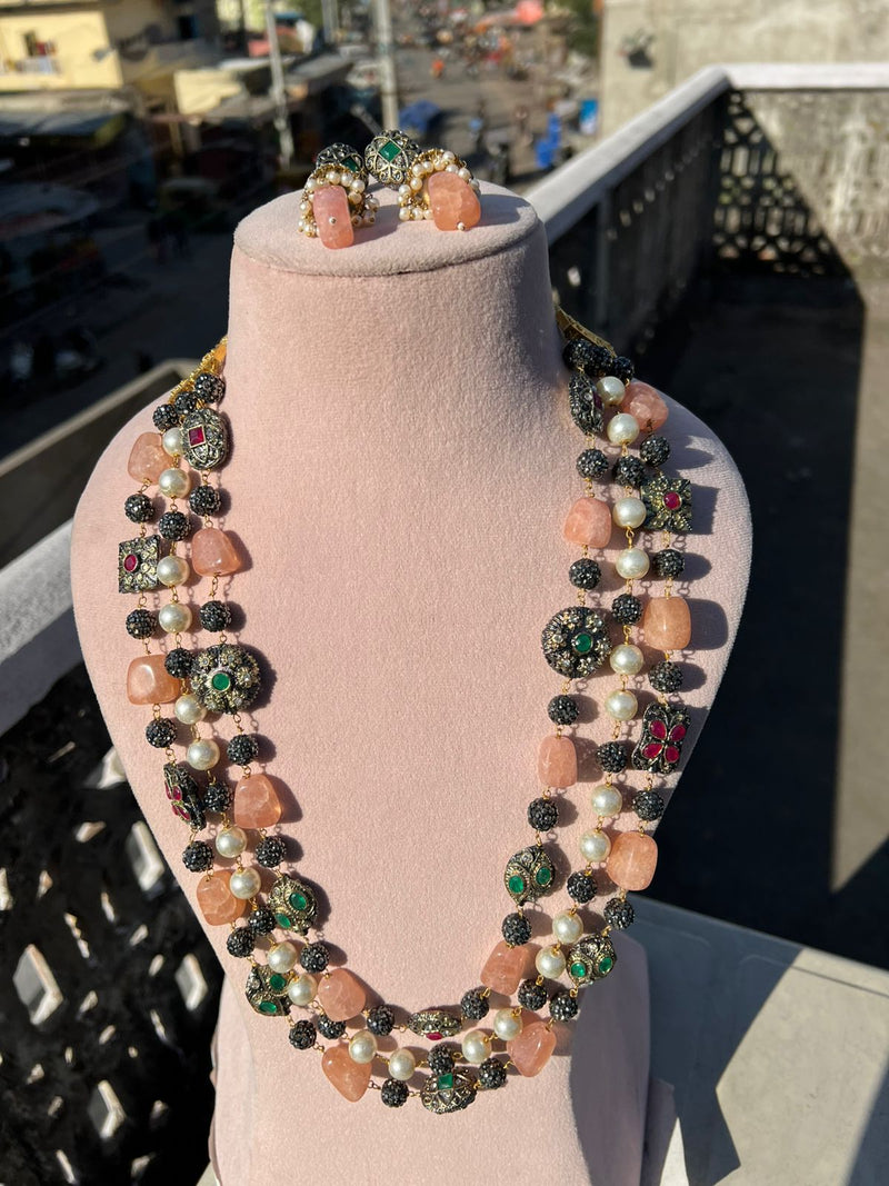 Gold Plated Stone Studded & Beaded Necklace With Earrings