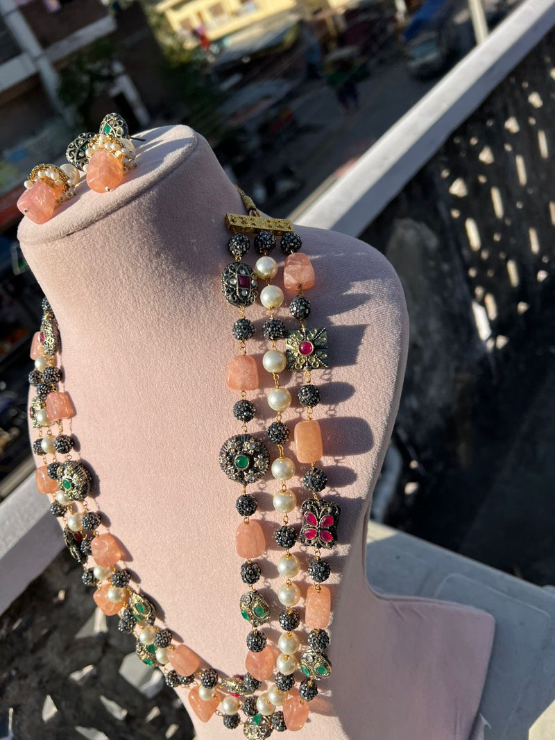 Gold Plated Stone Studded & Beaded Necklace With Earrings