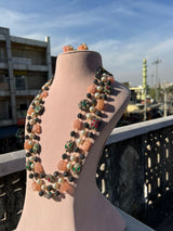 Gold Plated Stone Studded & Beaded Necklace With Earrings