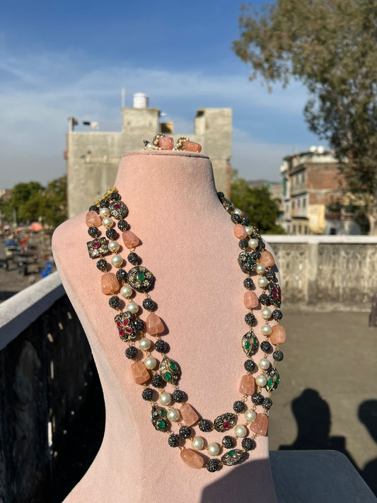 Gold Plated Stone Studded & Beaded Necklace With Earrings