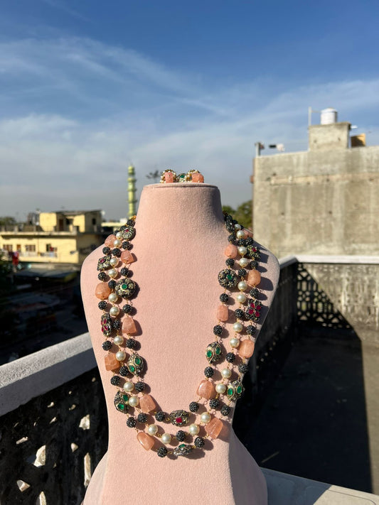 Gold Plated Stone Studded & Beaded Necklace With Earrings