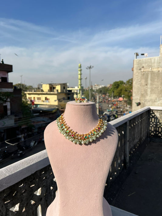 Beautiful Gold Plated Pearl Choker Necklace With Earrings