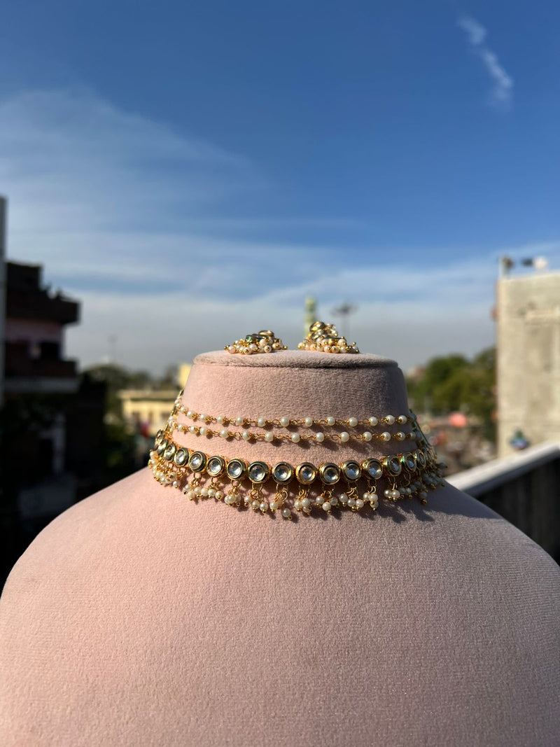 Gold Tone Kundan Bead Choker Necklace With Earrings
