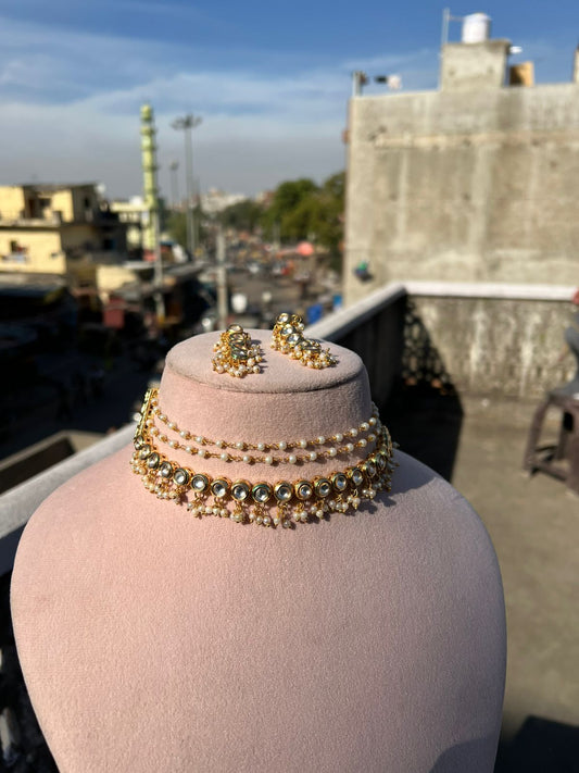 Gold Tone Kundan Bead Choker Necklace With Earrings