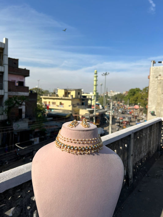 Gold Tone Kundan Bead Choker Necklace With Earrings