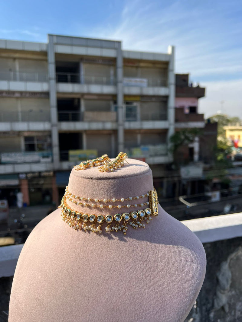 Gold Tone Kundan Bead Choker Necklace With Earrings