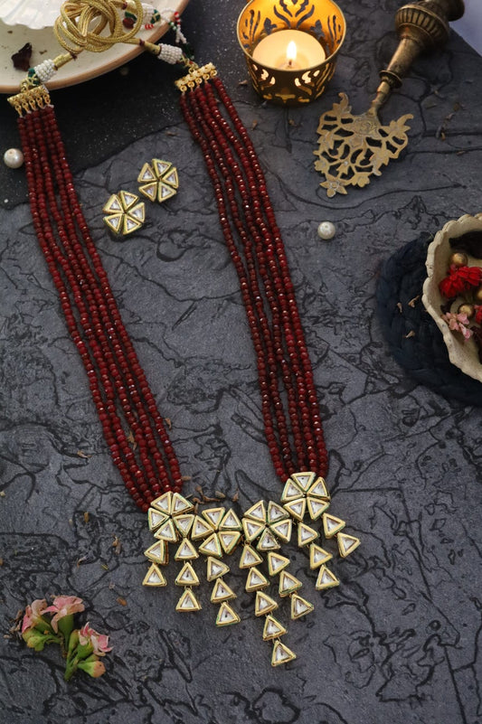 Gold Plated Kundan Polki & Maroon Onyx Necklace