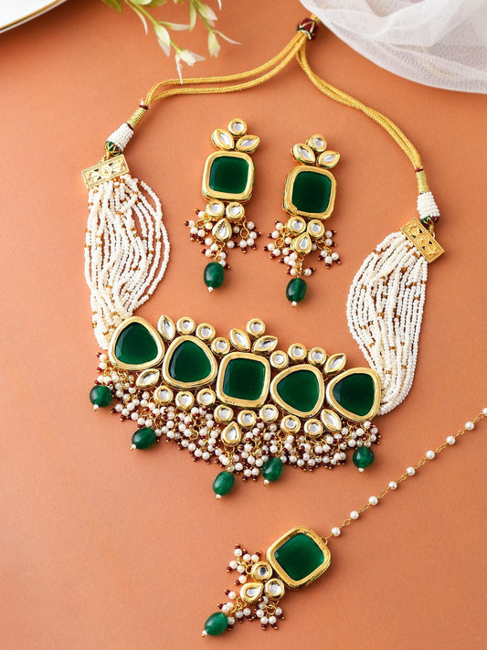 Gold Plated Kundan Necklace With Earring & Maangtika