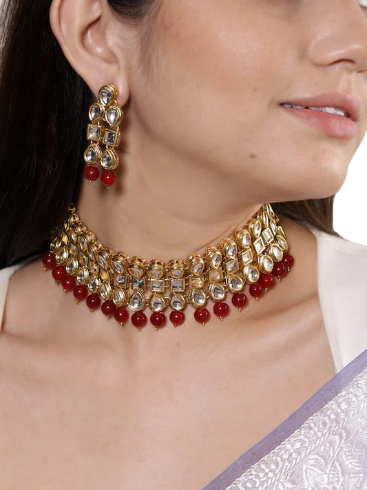 Gold-Plated Jewellery Set With Red Pearl
