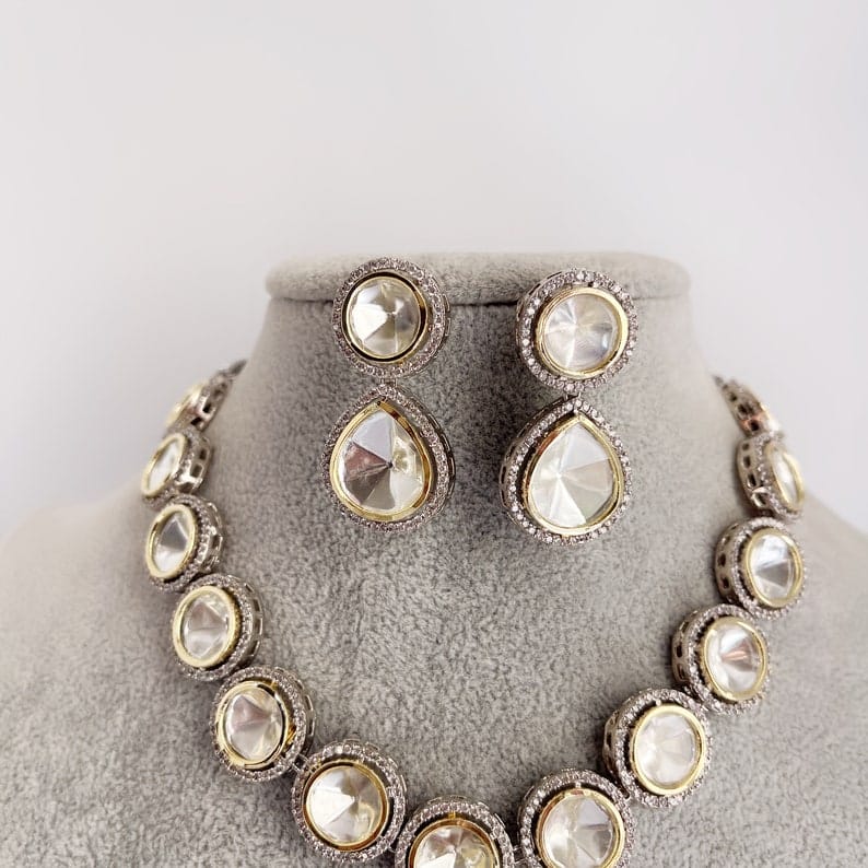 Victorian Uncut Polki Faux Diamond Necklace With Earring