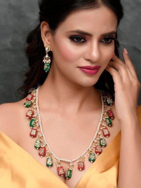 Gold Plated Green & Red Kundan Studded & Beaded Jewellery Set