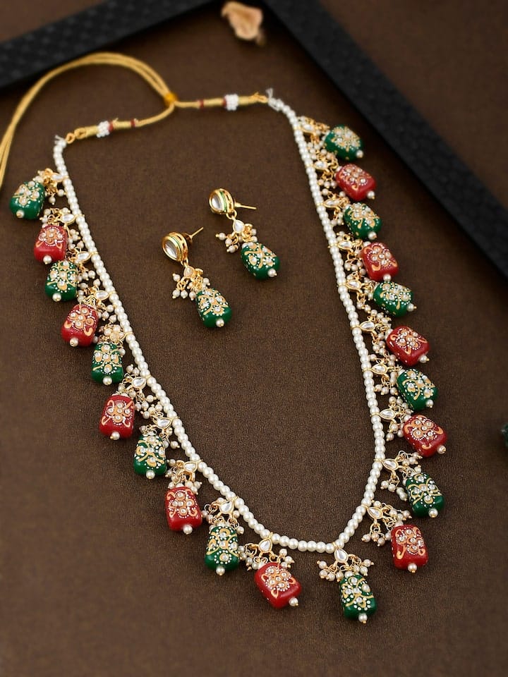 Gold Plated Green & Red Kundan Studded & Beaded Jewellery Set