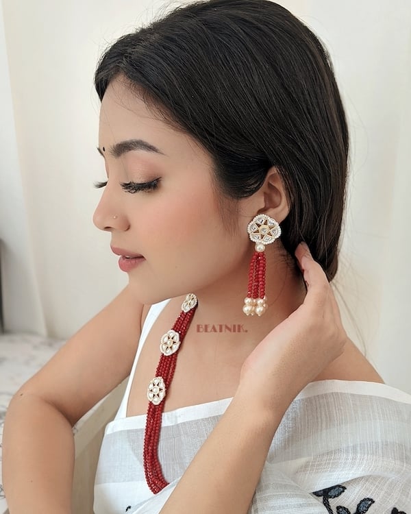 Gold Plated Red Beads & Kundan Neckpiece With Earrings