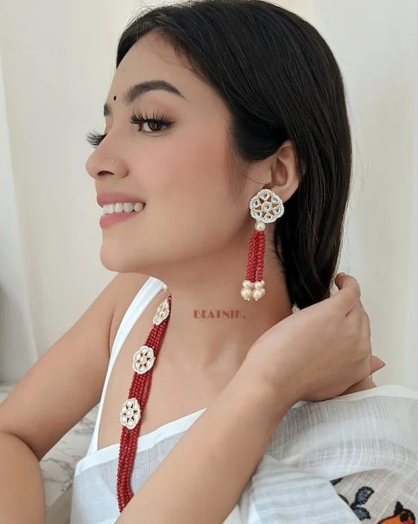 Gold Plated Red Beads & Kundan Neckpiece With Earrings