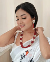 Gold Plated Red Beads & Kundan Neckpiece With Earrings