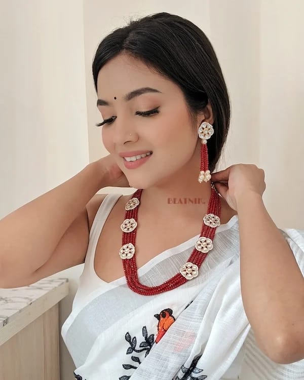 Gold Plated Red Beads & Kundan Neckpiece With Earrings