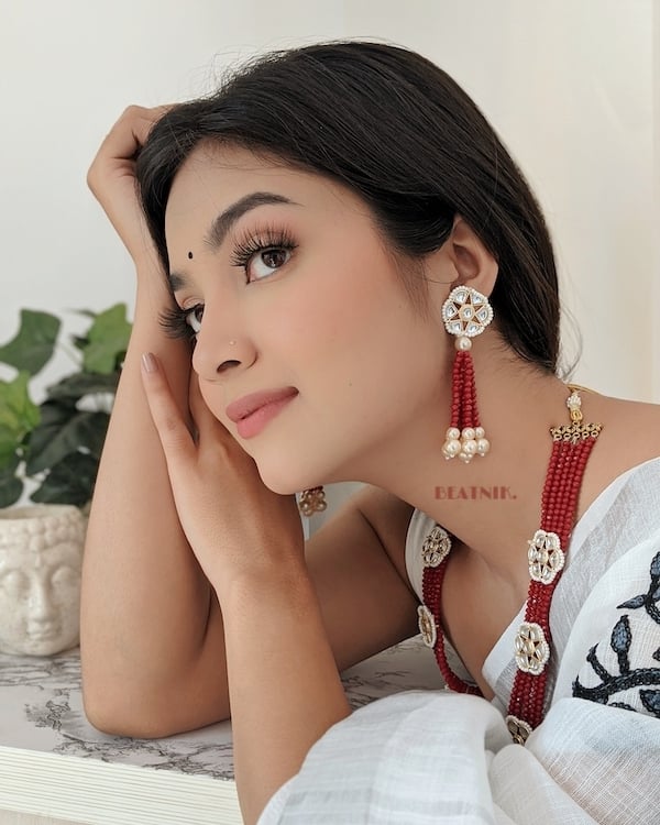 Gold Plated Red Beads & Kundan Neckpiece With Earrings