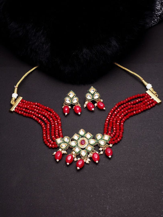 Gold Plated Red Beaded Necklace Set
