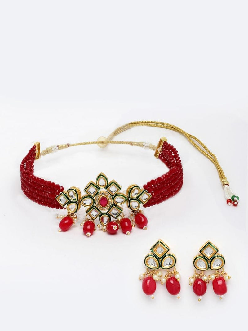 Gold Plated Red Beaded Necklace Set