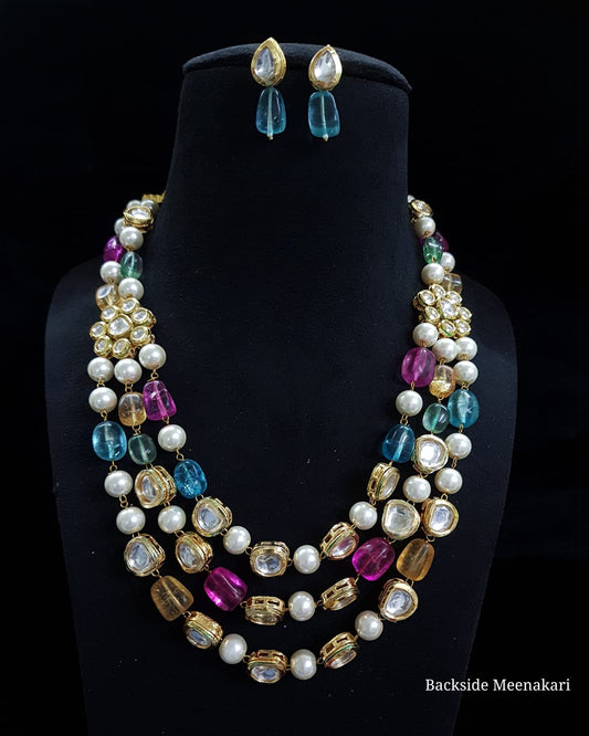 Gold Tone Pearl Stones Necklace With Earrings