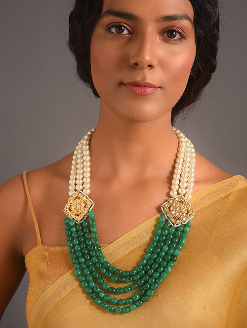 Gold Plated Meenakari Kundan, Emerald & Pearls Layered Necklace