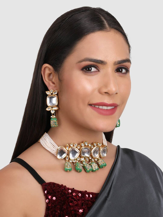 Gold Plated Green & White Kundan-Studded & Pearl Beaded Jewellery Set
